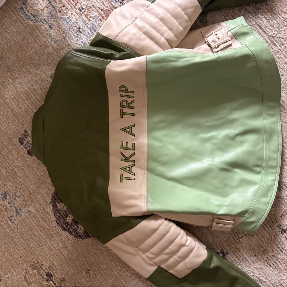 House of Sunny Green and Cream Panel Bomber Jacket - Picture 2 of 6